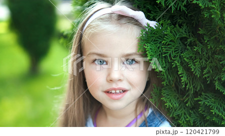 Portrait of happy pretty child girl standing in summer park looking in camera. Portrait of happy pretty child girl standing in summer park looking in camera. 120421799