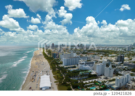 Panoramic view of Miami Beach urban landscape. South Beach high luxurious hotels and apartment buildings Panoramic view of Miami Beach urban landscape. South Beach high luxurious hotels and apartment buildings 120421826