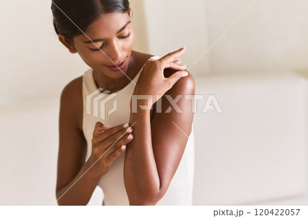 Hand Care, Cream. Elegant Woman Applying Skincare Cream with Gentle and Relaxing Motions Hand Care, Cream. Elegant Woman Applying Skincare Cream with Gentle and Relaxing Motions 120422057