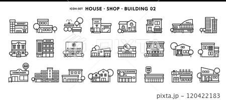 家、店舗、ビルディング、公共施設などシンプルデザインのアイコン素材セット 120422183