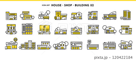 家、店舗、ビルディング、公共施設などシンプルデザインのアイコン素材セット 120422184
