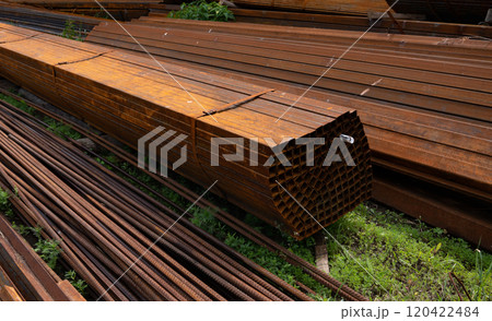 Remains of an old rusty metal structure. 120422484