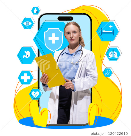 Contemporary art collage. Female doctor in white coat standing in smartphone with blue shield featuring checkmark. 120422610