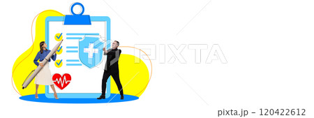 Banner. Contemporary art collage. Female doctor with check-list and man with shield with medical cross standing together white background with yellow elements. Banner. Contemporary art collage. Female doctor with check-list and man with shield with medical cross standing together white background with yellow elements. 120422612
