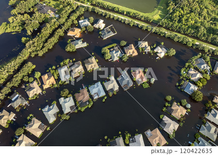 Hurricane flooded homes in residential community in Florida, USA. Aftermath of natural disaster Hurricane flooded homes in residential community in Florida, USA. Aftermath of natural disaster 120422635