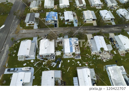 Florida Southwest region after hurricane season. Collapsed and damaged mobile homes in rural residential area. Consequences of severe natural disaster 120422707