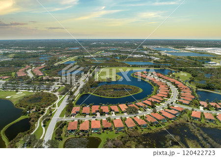 Flooded houses by hurricane Ian rainfall in Florida residential area. Consequences of natural disaster 120422723
