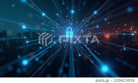 Digital padlock icon with light rays in a cityscape. Cybersecurity and data protection concept 120423059