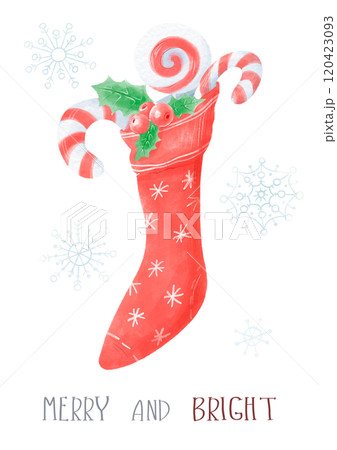 Christmas Watercolor Card Hand Drawn Stocking With Sweets Christmas Watercolor Card Hand Drawn Stocking With Sweets 120423093