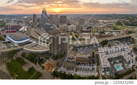 Cincinnati Ohio USA sunset urban landscape. Downtown district skyline with brightly illuminated high skyscraper buildings in modern American megapolis Cincinnati Ohio USA sunset urban landscape. Downtown district skyline with brightly illuminated high skyscraper buildings in modern American megapolis 120423200