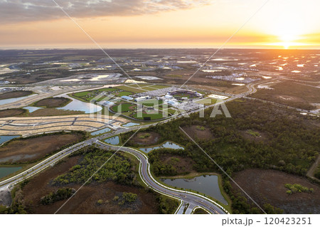 Beginning of construction works on prepared ground. Large building site in American rural area. Development of residential housing in US suburbs. Real estate market in USA 120423251