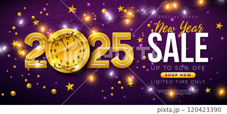 Happy New Year Sale 2025 Design with Gold Typography Lettering, Clock and Light Garland on Violet Background. Holiday Special Offer Campaign Discount Illustration for Coupon, Voucher, Banner, Flyer 120423390