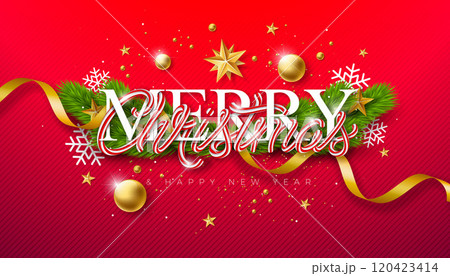 Merry Christmas and Happy New Year Banner with Christmas Candy Cane Typography Letter Fir Branch and Ornamental Ball on Red Background. Vector Xmas Holiday Season Banner Design for Greeting Card 120423414