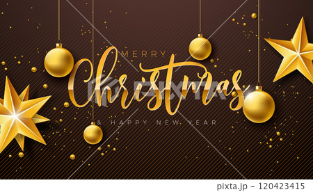 Merry Christmas and Happy New Year Greeting Card with Gold Glass Ball, Star and Typography Letter on Dark Background. Vector Xmas Holiday Season Banner Design for Party Flyer, Celebration Poster and 120423415