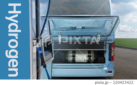 Hydrogen gas station and bus with an open hood and a hydrogen cylinder inside. Clean mobility concept. Hydrogen gas station and bus with an open hood and a hydrogen cylinder inside. Clean mobility concept. 120423422