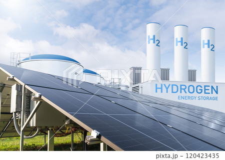Hydrogen factory with energy storage concept. Green hydrogen production from renewable energy sources. Hydrogen factory with energy storage concept. Green hydrogen production from renewable energy sources. 120423435