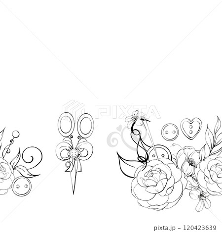 Sewing tools template with flowers, seamless background, pattern. Scissors, needles, buttons. Handcraft in retro style. Vintage old fashion, tailoring for postcard, fabric, printing. Graphic vector Sewing tools template with flowers, seamless background, pattern. Scissors, needles, buttons. Handcraft in retro style. Vintage old fashion, tailoring for postcard, fabric, printing. Graphic vector 120423639