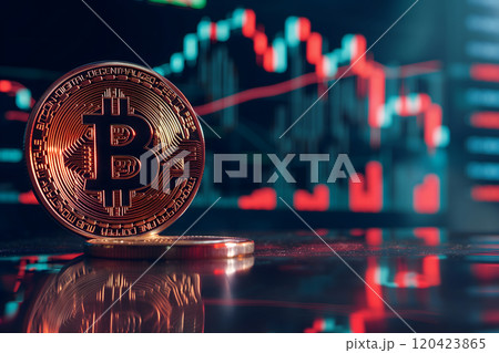 Bitcoin shiner in front of blurry trading charts screen. Bitcoin shiner in front of blurry trading charts screen. 120423865