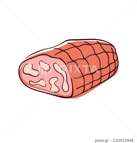 Sliced meat roll of ham in a net in flat style. Perfect design for butcher shop, restaurant menu, food packaging, and culinary theme. Isolated on white background. 120423946