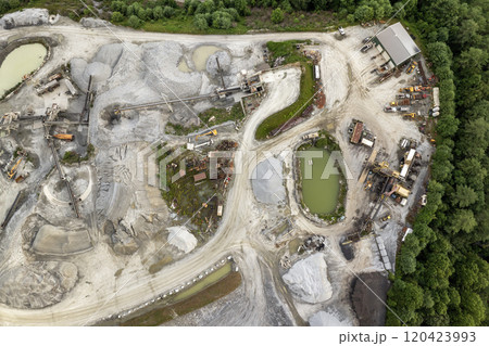Aerial view of open pit mining site of limestone materials extraction for construction industry Aerial view of open pit mining site of limestone materials extraction for construction industry 120423993