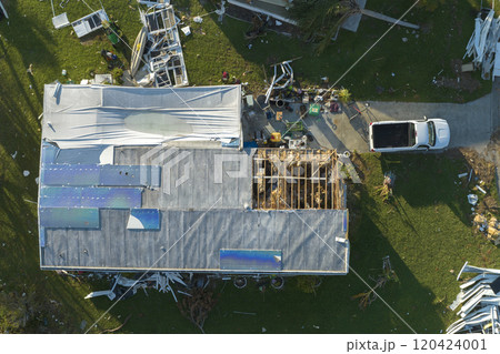 Aerial view of natural disaster consequences. Severely damaged by hurricane Ian mobile homes in Florida residential area 120424001