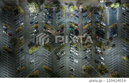 Aerial view of many cars parked on parking lot with lines and markings for parking places and directions. Place for vehicles in front of a grocery mall store Aerial view of many cars parked on parking lot with lines and markings for parking places and directions. Place for vehicles in front of a grocery mall store 120424014