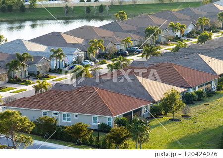 Aerial view of expensive residential houses in small town in southwest Florida. American dream homes as example of real estate development in US suburbs Aerial view of expensive residential houses in small town in southwest Florida. American dream homes as example of real estate development in US suburbs 120424026