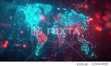 Holographic overlay on cybersecurity world map with neon blue and red highlighted regions. Cybersecurity map 120424494