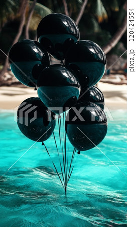 black balloons floating above turquoise water with palm trees in the background black balloons floating above turquoise water with palm trees in the background 120424554