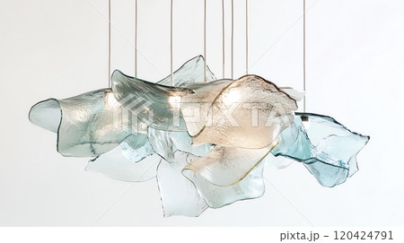 Colorful pendant lamps crafted from recycled glass hang from the ceiling. A creative example of glass recycling promoting sustainability and innovative reuse. Colorful pendant lamps crafted from recycled glass hang from the ceiling. A creative example of glass recycling promoting sustainability and innovative reuse. 120424791