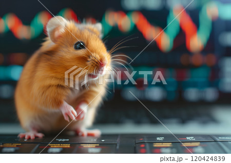 hamster in front of blurry trading charts, novice in stock exchange and asset market concept 120424839
