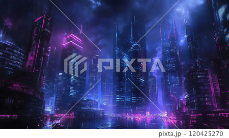 幻想的に光る近未来な高層ビル 120425270