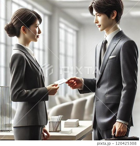 名刺交換をするビジネスマン 120425308