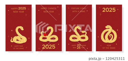Set of Chinese New Year cards for festive posts and stories. Social media templates for Year 2025. Holiday background for greeting card, event invitation. Vector illustrations in red and gold colors 120425311