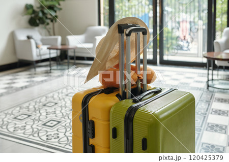 Luggage and Hat in Modern Waiting Area 120425379