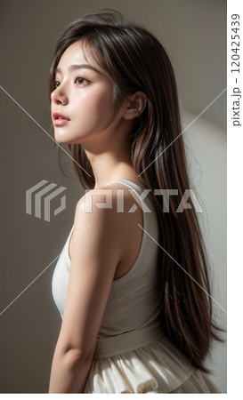 部屋から日差しを見つめる横顔の女性 120425439