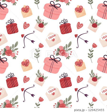 Valentine's Day, seamless pattern with flowers, hearts, letters. For wrapping paper, background. 120425455