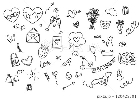 Doodle hand drawings for valentine's day. Black hearts, design elements Doodle hand drawings for valentine's day. Black hearts, design elements 120425501