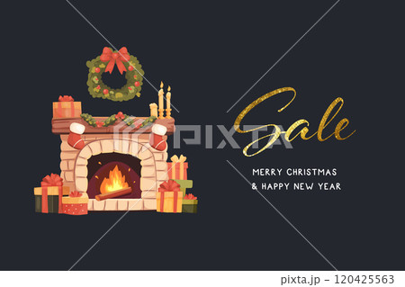 Christmas sale, banner with cozy illustration. Vector illustration Christmas sale, banner with cozy illustration. Vector illustration 120425563