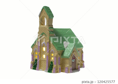 Children's small house on a white background.A gypsum product painted with acrylic paint in the form of a village house 120425577