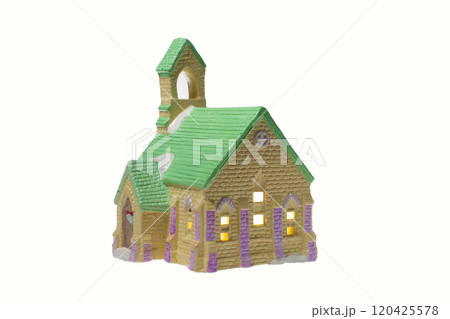 Children's small house on a white background.A gypsum product painted with acrylic paint in the form of a village house 120425578