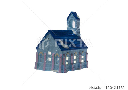 Children's small house on a white background.A gypsum product painted with acrylic paint in the form of a village house 120425582