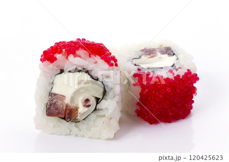 Sushi rolls japanese food isolated on white background.Menu of the Japanese restaurant. Two traditional sushi rolls with red caviar closeup 120425623