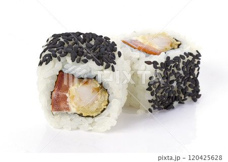 Sushi rolls japanese food isolated on white background.Menu of the Japanese restaurant. Two traditional sushi rolls with a variety of filling sprinkled with sesame close-ups Sushi rolls japanese food isolated on white background.Menu of the Japanese restaurant. Two traditional sushi rolls with a variety of filling sprinkled with sesame close-ups 120425628