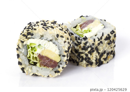 Sushi rolls japanese food isolated on white background.Menu of the Japanese restaurant. Two traditional sushi rolls with a variety of filling sprinkled with sesame close-ups Sushi rolls japanese food isolated on white background.Menu of the Japanese restaurant. Two traditional sushi rolls with a variety of filling sprinkled with sesame close-ups 120425629