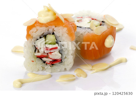 Menu of the Japanese restaurant. Two sushi with salmon vegetables with Philadelphia cheese covered with walnut sauce Menu of the Japanese restaurant. Two sushi with salmon vegetables with Philadelphia cheese covered with walnut sauce 120425630