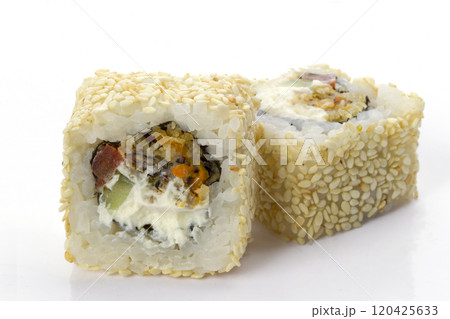 Sushi rolls japanese food isolated on white background.Menu of the Japanese restaurant. Two traditional sushi rolls with a variety of filling sprinkled with sesame close-ups Sushi rolls japanese food isolated on white background.Menu of the Japanese restaurant. Two traditional sushi rolls with a variety of filling sprinkled with sesame close-ups 120425633