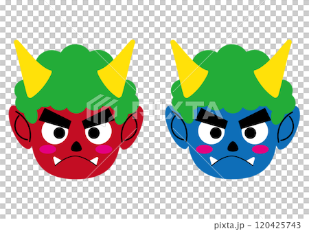A simple and flat illustration set of red and blue demons on a white background - Setsubun image 120425743