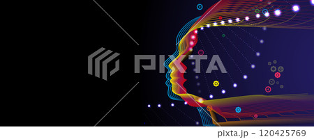 Futuristic human face with a DNA structure background 120425769