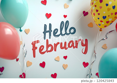phrase "Hello February" with red background hearts copyspace phrase "Hello February" with red background hearts copyspace 120425843